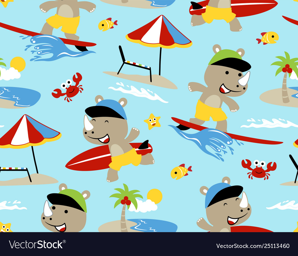 Seamless pattern with rhino surfing cartoon in