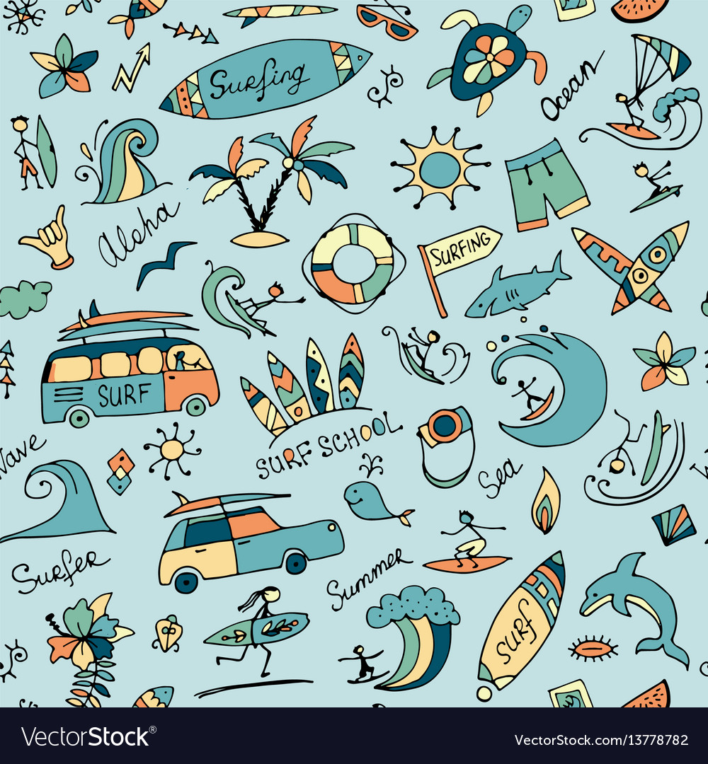 Surfing seamless pattern sketch for your design