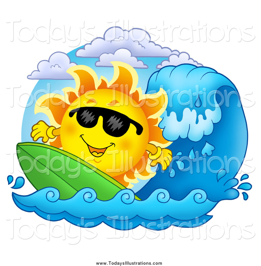 Clipart of a Summer Sun Wearing Shades and Surfing by
