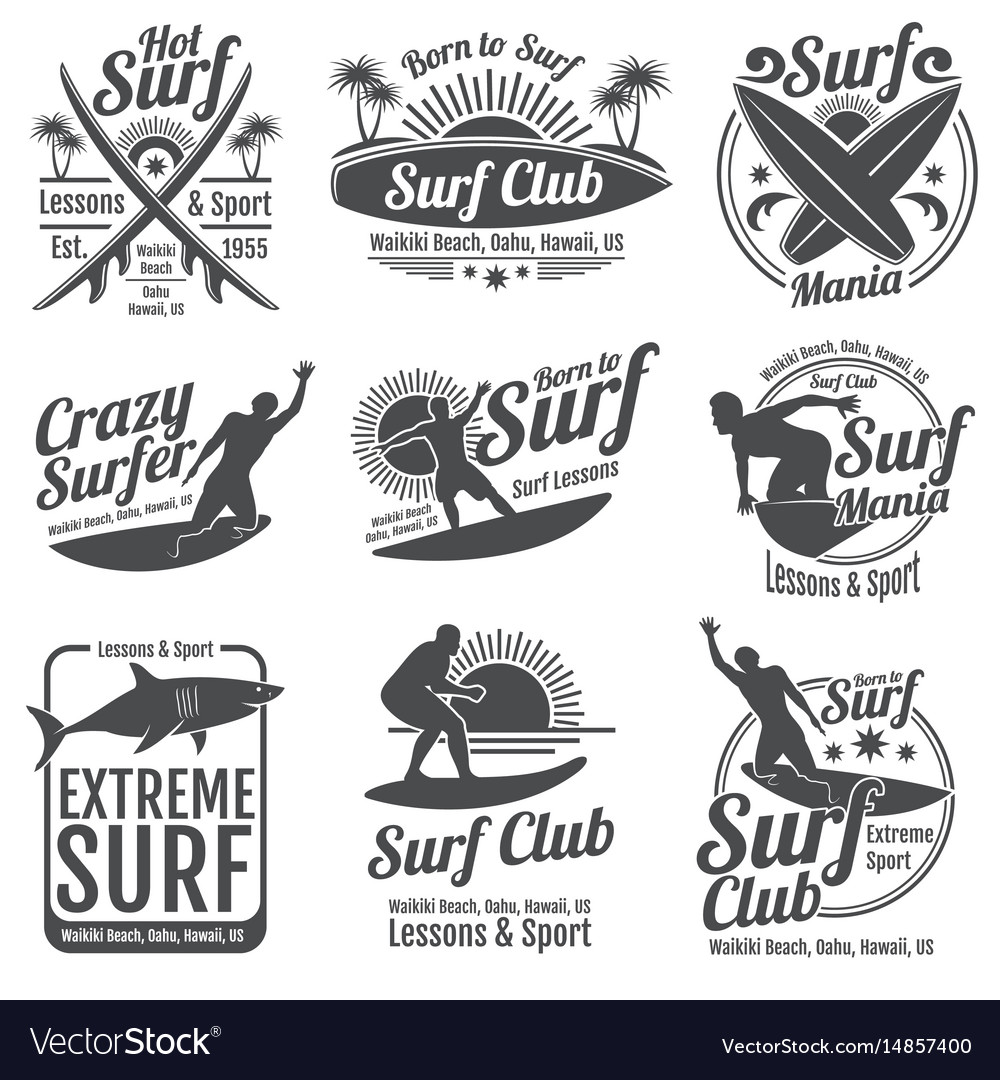 Surfing club vintage emblems surf board on