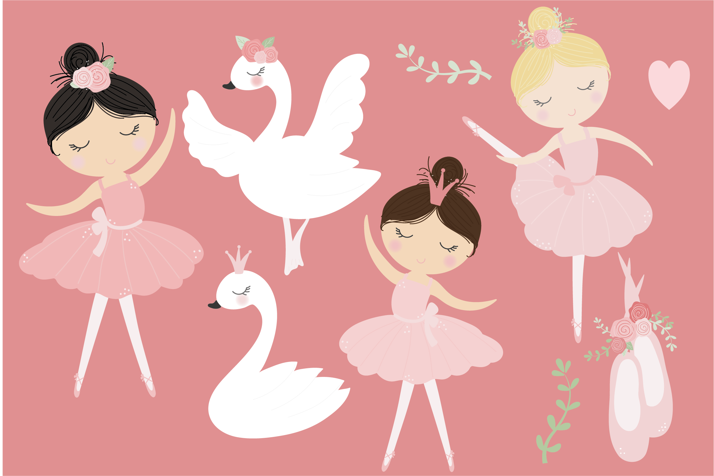 Ballerina and swans, digital clipart and paper set