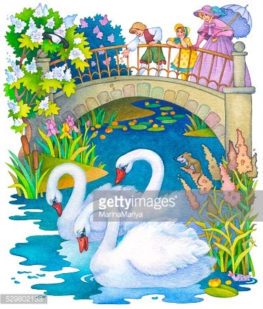 Children for a walk in park feeding swans on pond Clipart