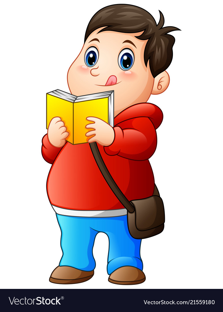 Cartoon fat boy in sweater reading a book
