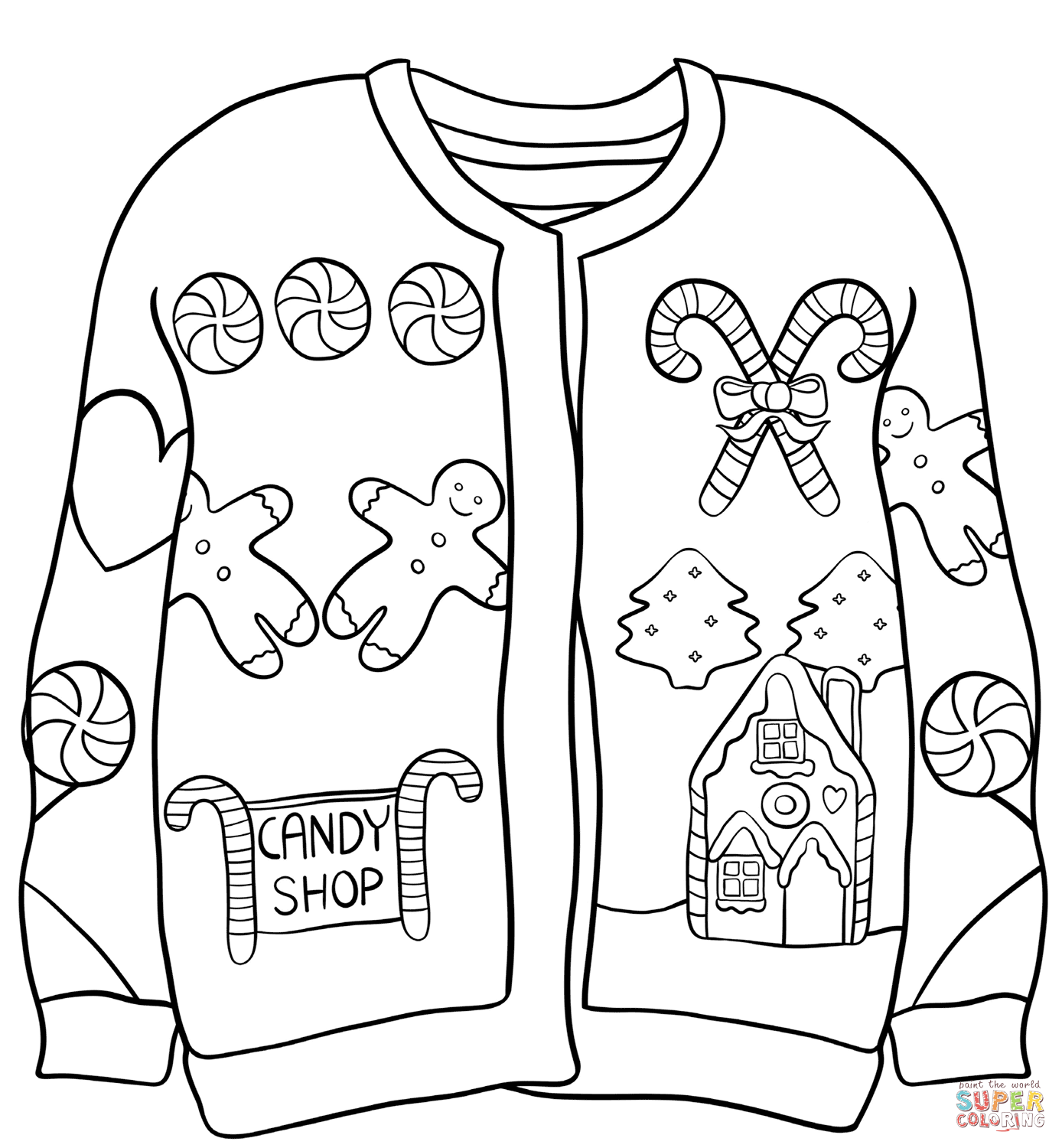 Christmas Sweater with Candy Shop coloring page