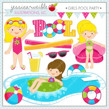 Girls Pool Party Cute Digital Clipart, Pool Clip Art, Summer Swimming  Graphics