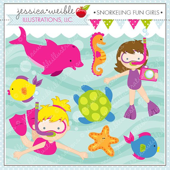 Snorkeling Fun Girls Cute Clipart Summer by JWIllustrations