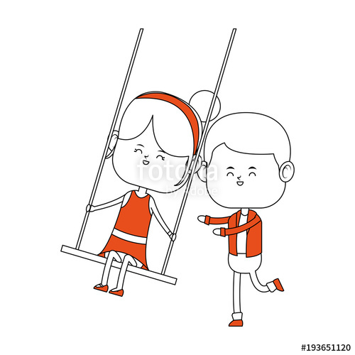 Boy pushing girlfriend on swing cartoon vector illustration