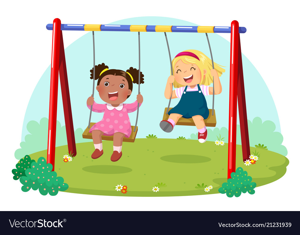 Cute kids having fun on swing in playground