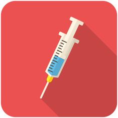 Cartoon syringe half filled with blue liquid on red backing