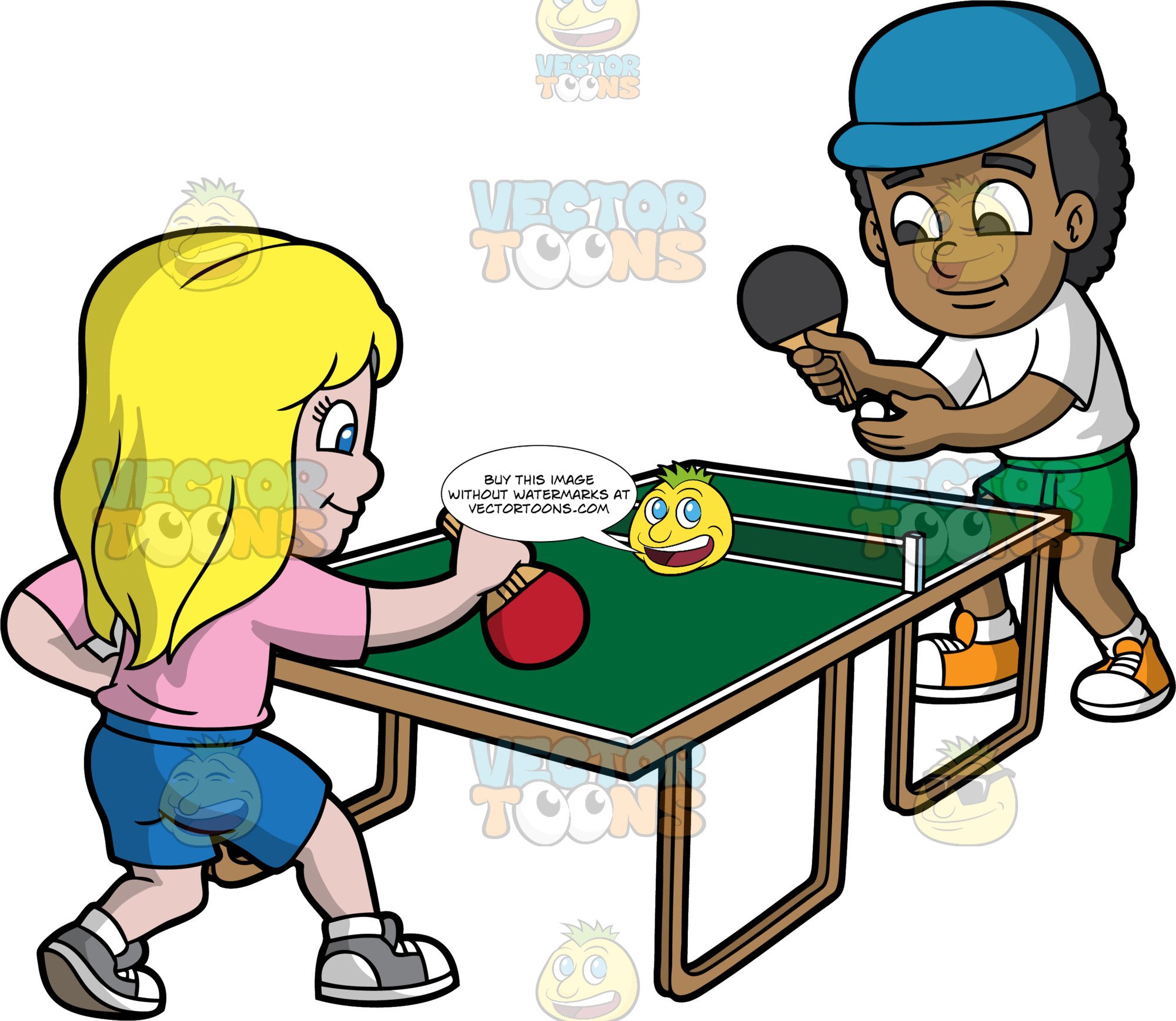 A Black Boy And White Girl Playing Table Tennis