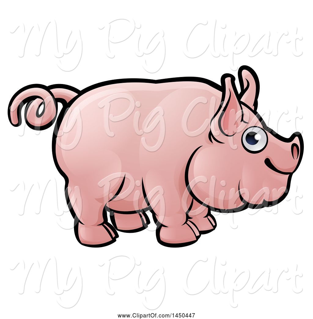 Swine Clipart of Happy Cartoon Pig with a Curly Tail by
