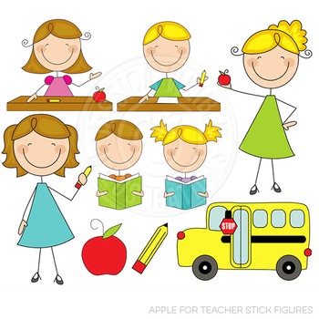 Apple for Teacher Stick Figures Cute Digital Clipart, Teacher Clip Art