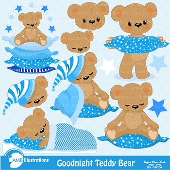 Clipart, Teddy Bear Clip Art in Baby Blue, Nursery, Slumber Party, AMB