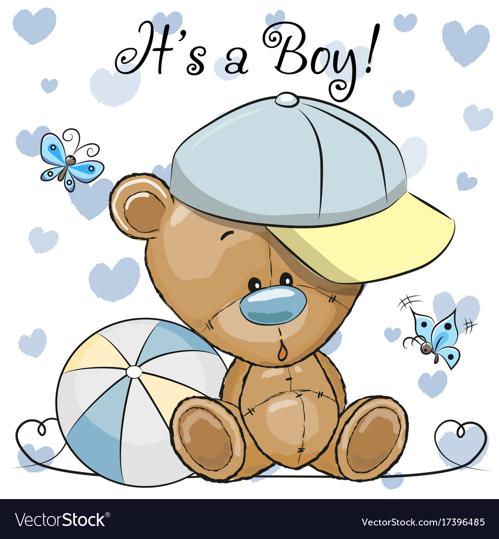 Baby shower greeting card with cute teddy bear boy
