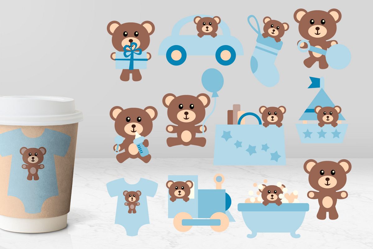 Baby boy blue teddy bear illustrations