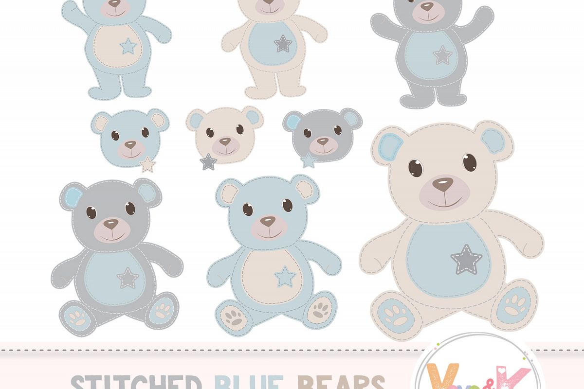 Teddy Bear Clip Art, Stitched Bear Clipart, Digital Clip Art, Blue Teddy  Bears, Baby Boy DIY Shower, Baby Pink and Beige