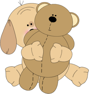 Puppy hugging teddy.