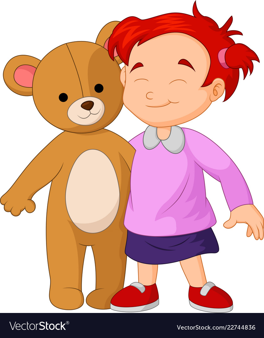 Girl cartoon a hugging a big teddy bear toy