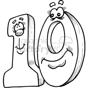 Clack and white number ten with cartoon faces clipart