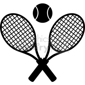 Crossed racket and tennis ball black silhouette vector illustration  isolated on white clipart