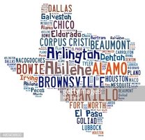 Word Cloud Showing The Cities IN Texas stock vectors