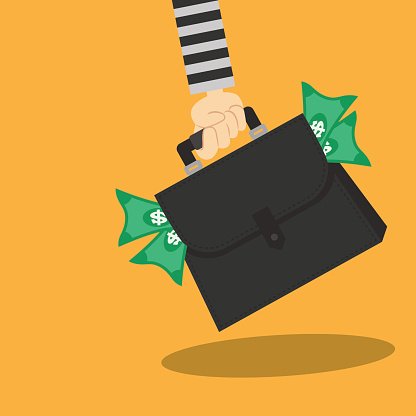 Thief carrying bag of money with a dollar sign Clipart Image