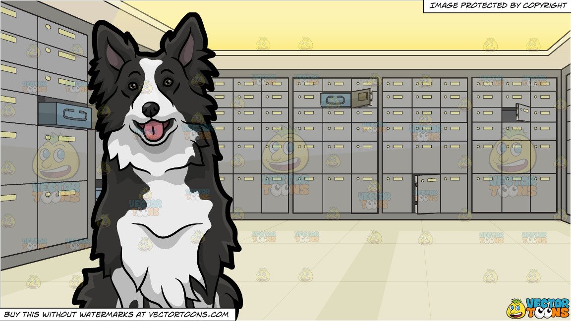 A Cute Border Collie Dog and A Safety Deposit Box Room Of A Bank Background