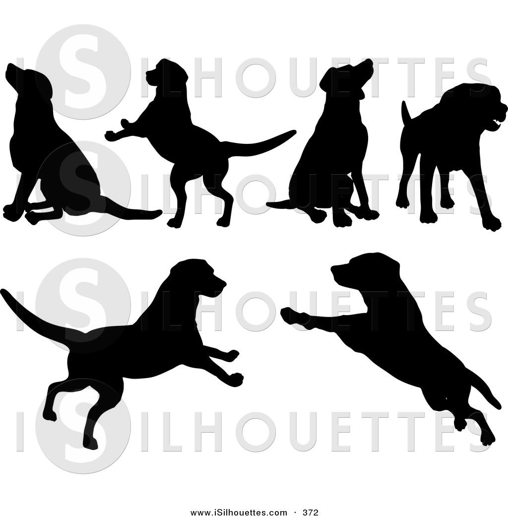 Silhouette Clipart of a Set of Six Silhouetted Dogs Sitting