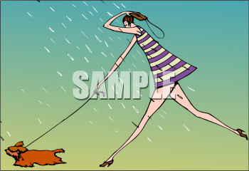 Clip Art Picture of a Skinny Girl Walking Her Dog in the Rain