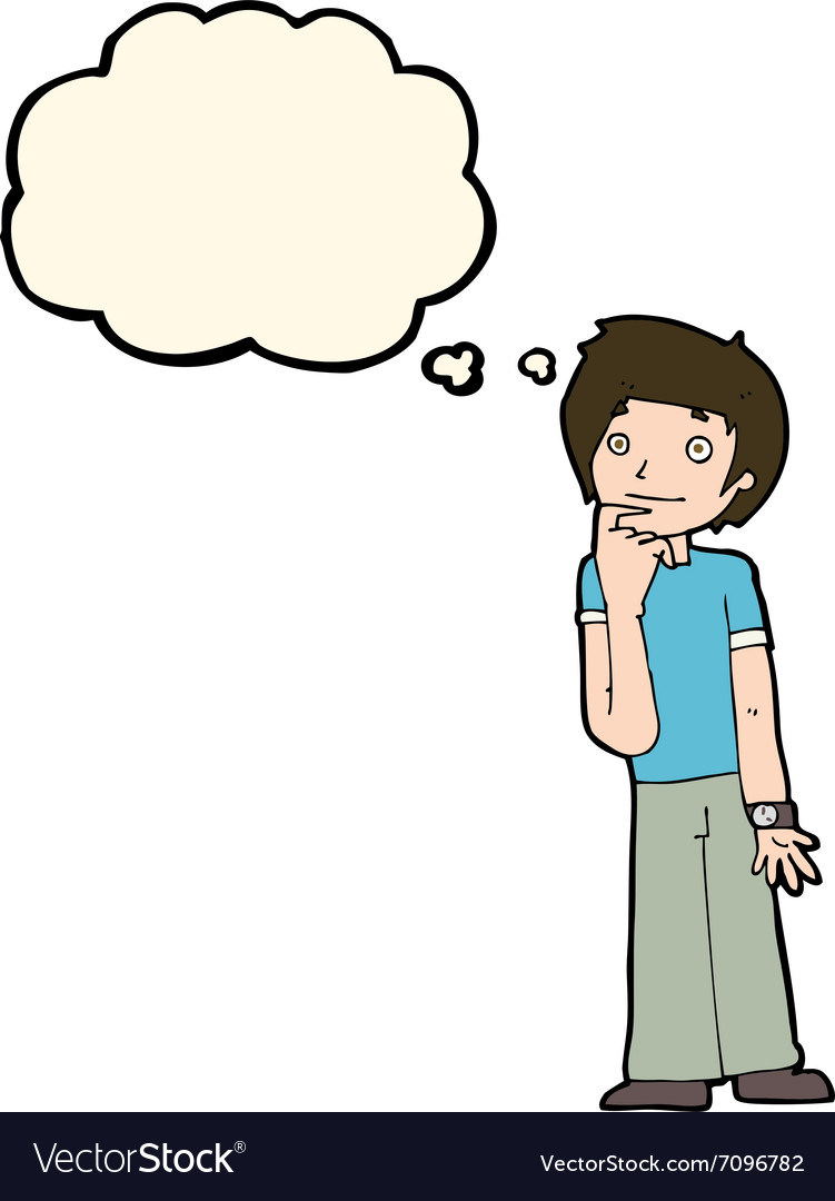 Cartoon boy wondering with thought bubble