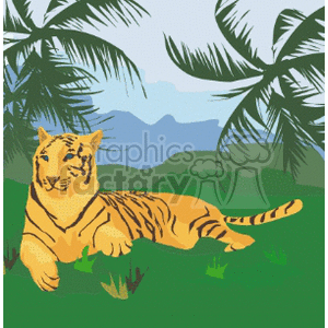 Tiger lounging on green jungle floor clipart