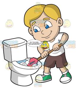 A Boy Cleaning The Toilet