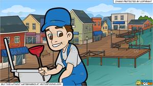 A Plumber Fixing A Clogged Toilet and A Village Pier Background