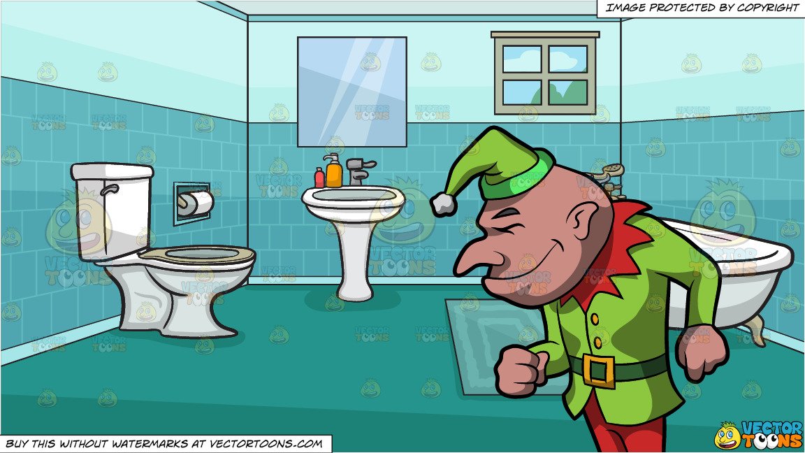 Side View Of A Happy Tough Elf and An Apartment Bathroom Background