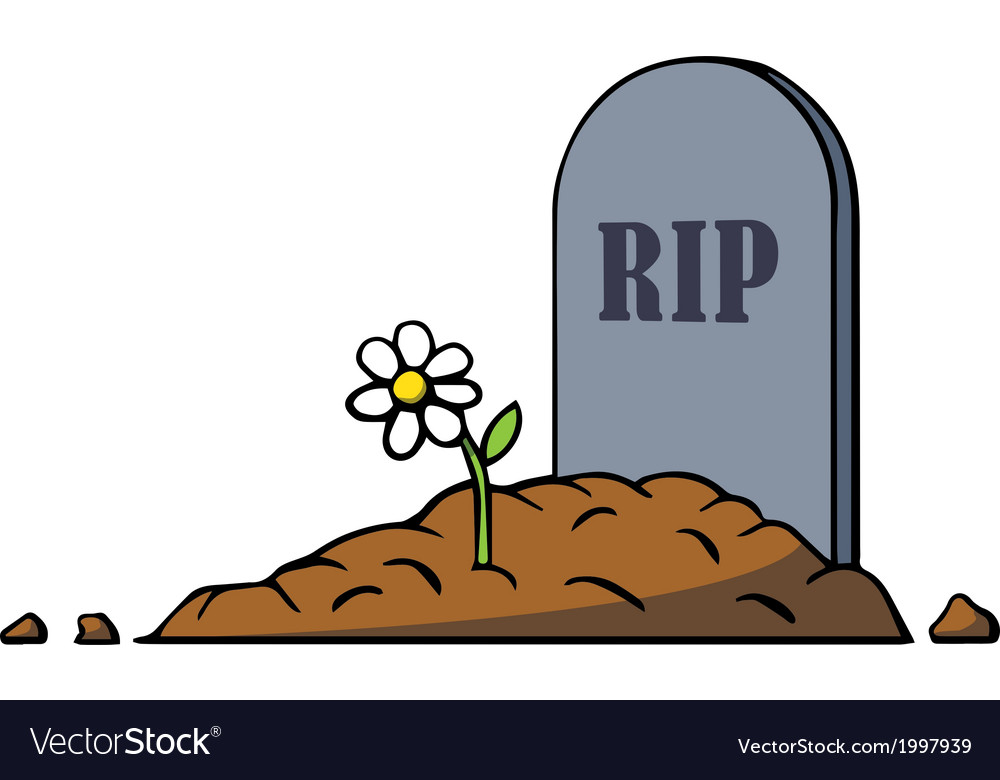 Cartoon grave with tombstone and flower