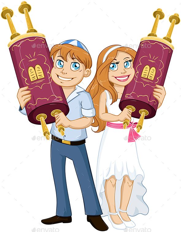 Vector illustration of Jewish boy and girl holding the Torah