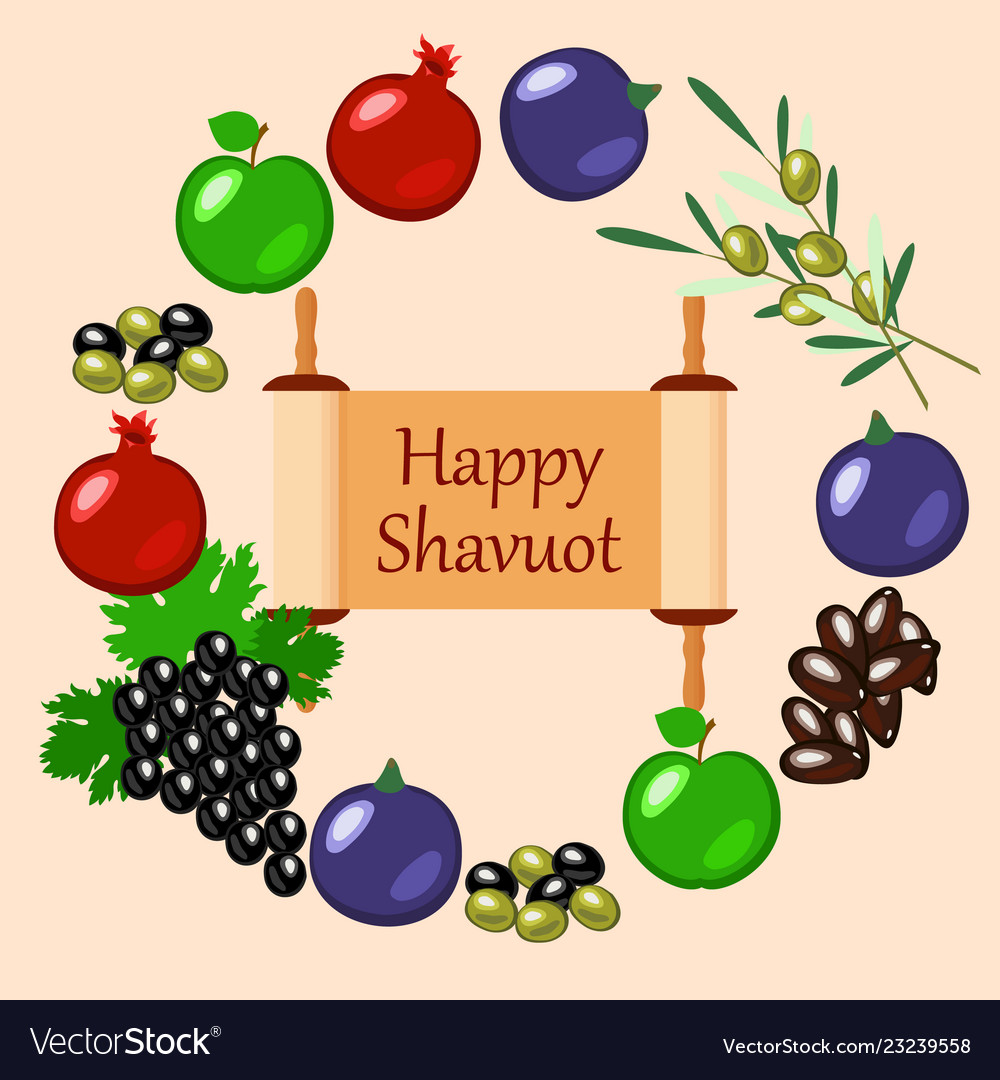 Shavuot fruits and sefer torah arranged in a