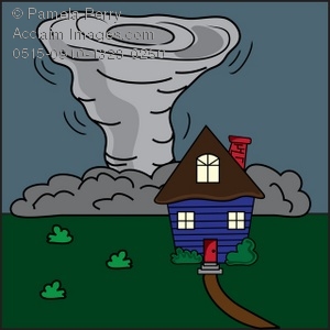 Clip Art Illustration of a Tornado Behind a House