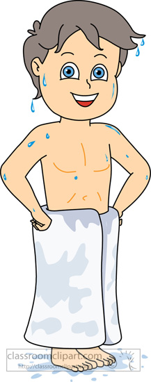 Boy out of shower dripping water with towel around body