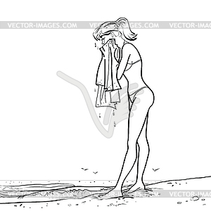 On beach wet girl towel