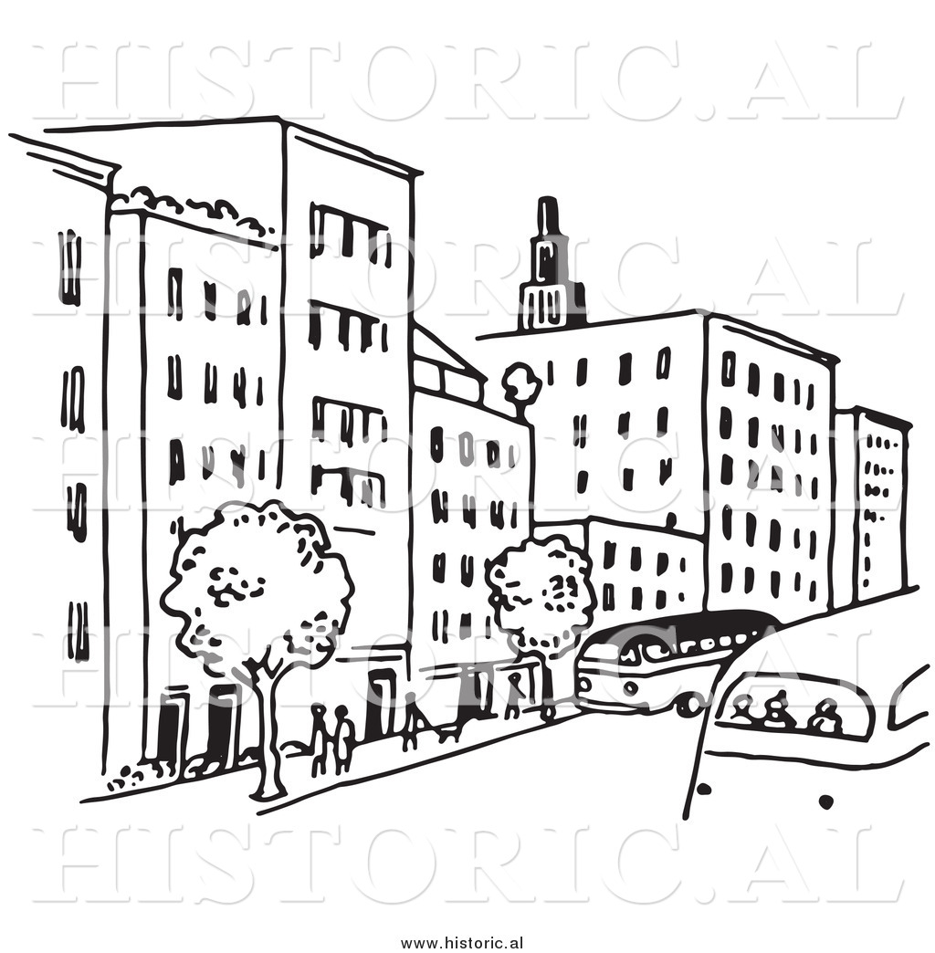 Clipart of a City Street with Buildings, Trees, People, and