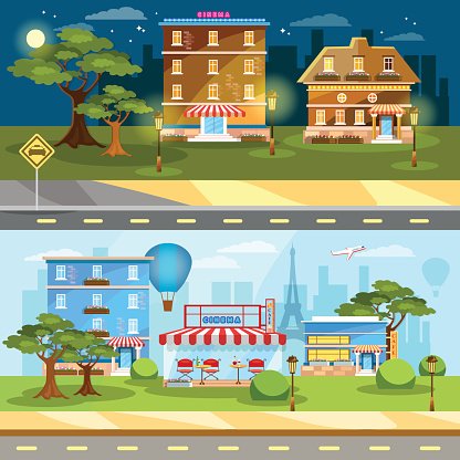 Cityscape banner night and day city town life Clipart Image