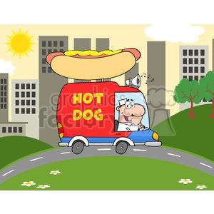 Royalty Free RF Clipart Illustration Happy Hot Dog Vendor Driving Truck In  The Town clipart