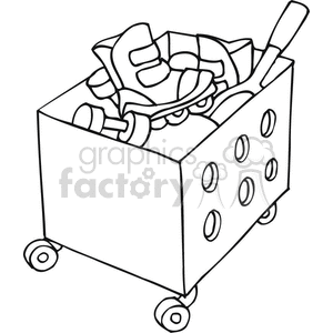 Black and white outline of a toy box with toys clipart