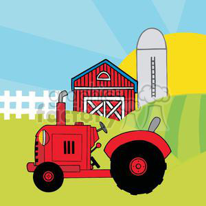 Vintage Red Tractor In Front Of Country Farm clipart