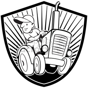 Black and white farmer driving tractor front shield clipart