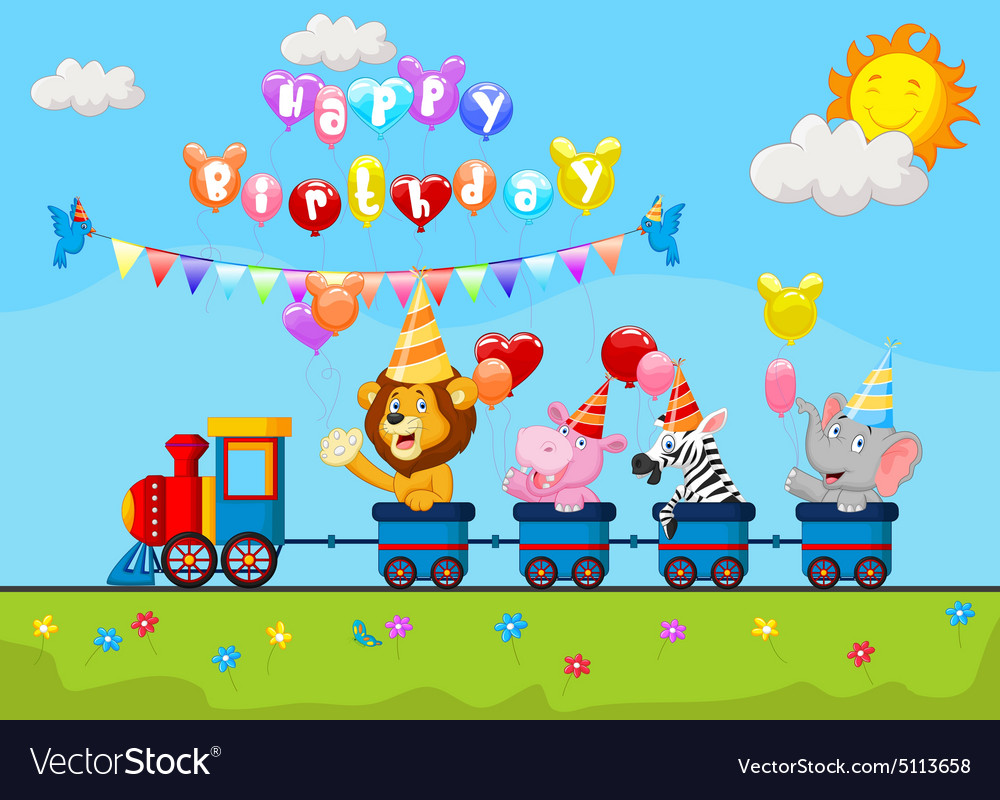 Birthday cartoon with happy animal on train