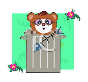 Royalty Free Clipart Image of a Raccoon in a Trash Can