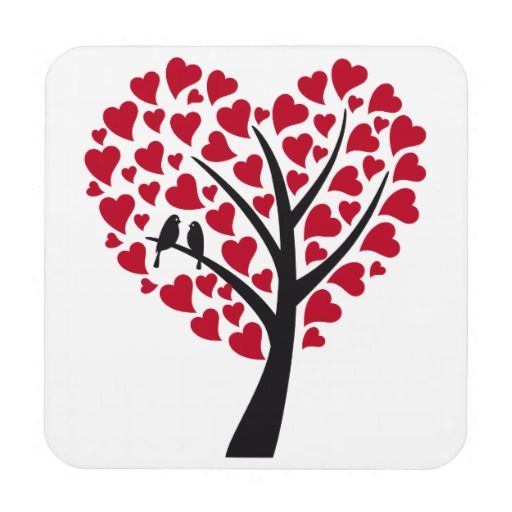 Red heart tree with love birds coaster