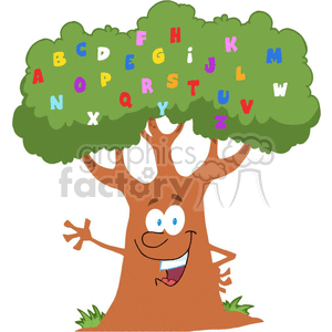 Green and brown tree with colorful alphabet letters clipart